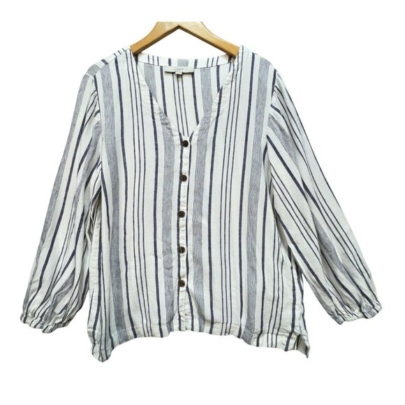 Loft Womens Linen Blend Button Up Shirt Size L White Blue Striped Casual Summer - Picture 1 of 12